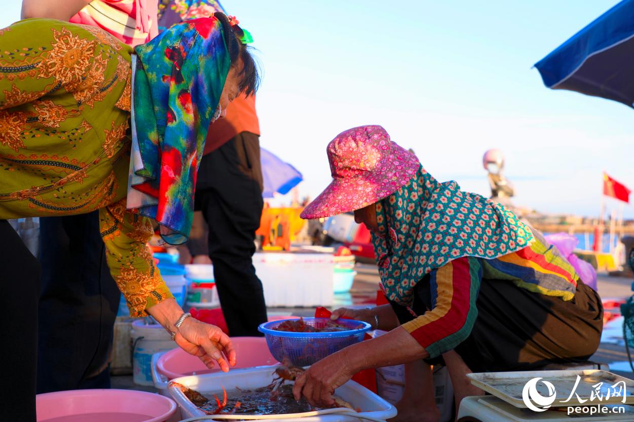 渔港边惠女们正在出售海货。人民网 李唯一摄